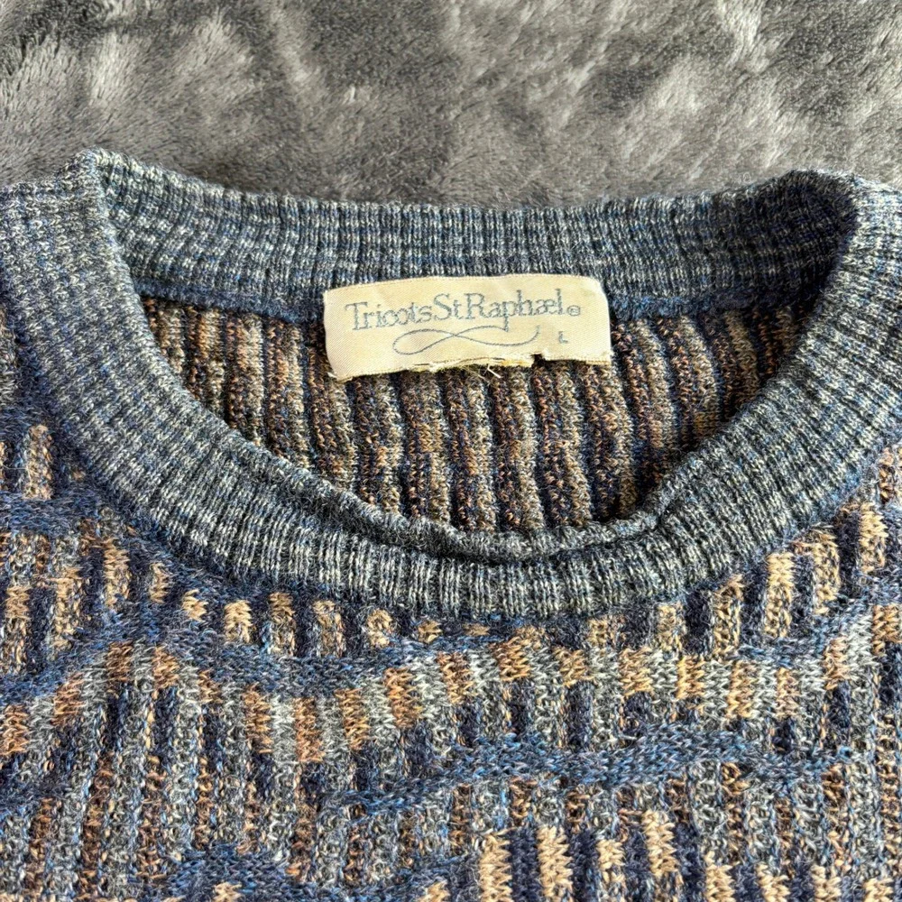 Tricots St Raphael Mens Large Vintage Blue Brown Geometric Wave‎ Knit Sweater L